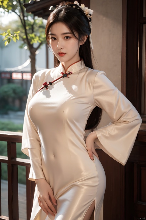  (global illumination, reality,ray tracing, HDR, unreal rendering, reasonable design, high detail, masterpiece,best quality, ultra high definition, movie lighting),
1girl,outdoor,looking_at_viewer,side_blunt_bangs,china_dress,chinese_style,big breasts,pose,solo,1girl,black hair,black eyes, cheongsam, jiejing, jiajingwen, liuyifei