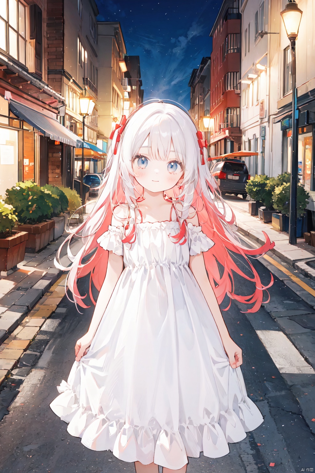 A petite, young girl with long red hair and a white dress walks on the gray street under the glow of the street lamps. As she looks up at the camera, her gaze reflects the light, creating a gentle glow that captivates the audience.