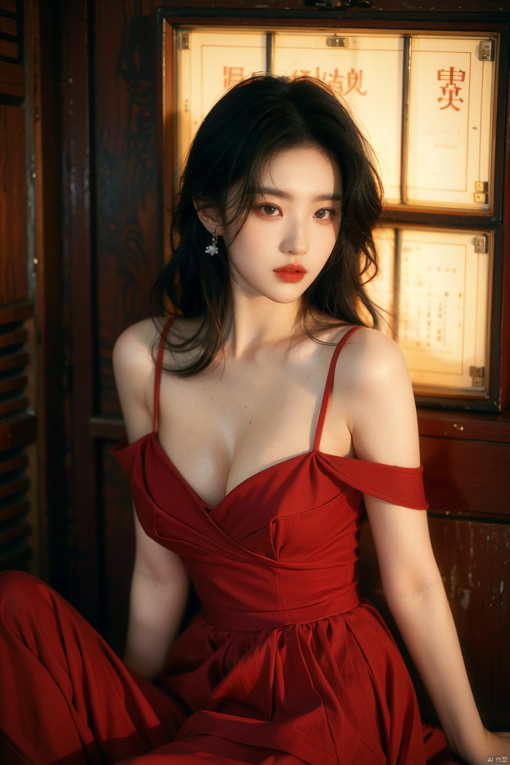  sdmai, hongchen, 1girl, solo, dress, red dress, black hair, realistic, breasts, jewelry, earrings, looking at viewer, bare shoulders,(big breasts:1.69), liuyifei,(large breasts:1.1),(breast expansion:1.6), (cleavage:1.2)