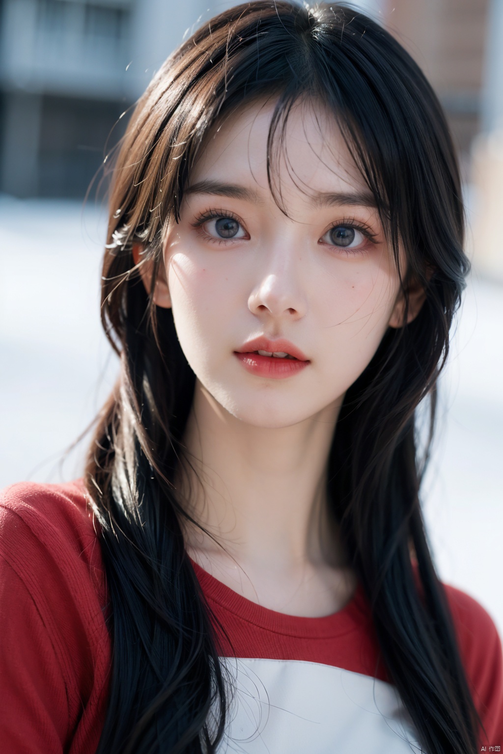  Anime style,a cartoon woman,very beautiful,very pretty,20yo,skinny,detailed blue eyes,dark red lips,wind,Ice and Snow World,upper body shot,Resident Evil 7 Biohazard VR Experience
