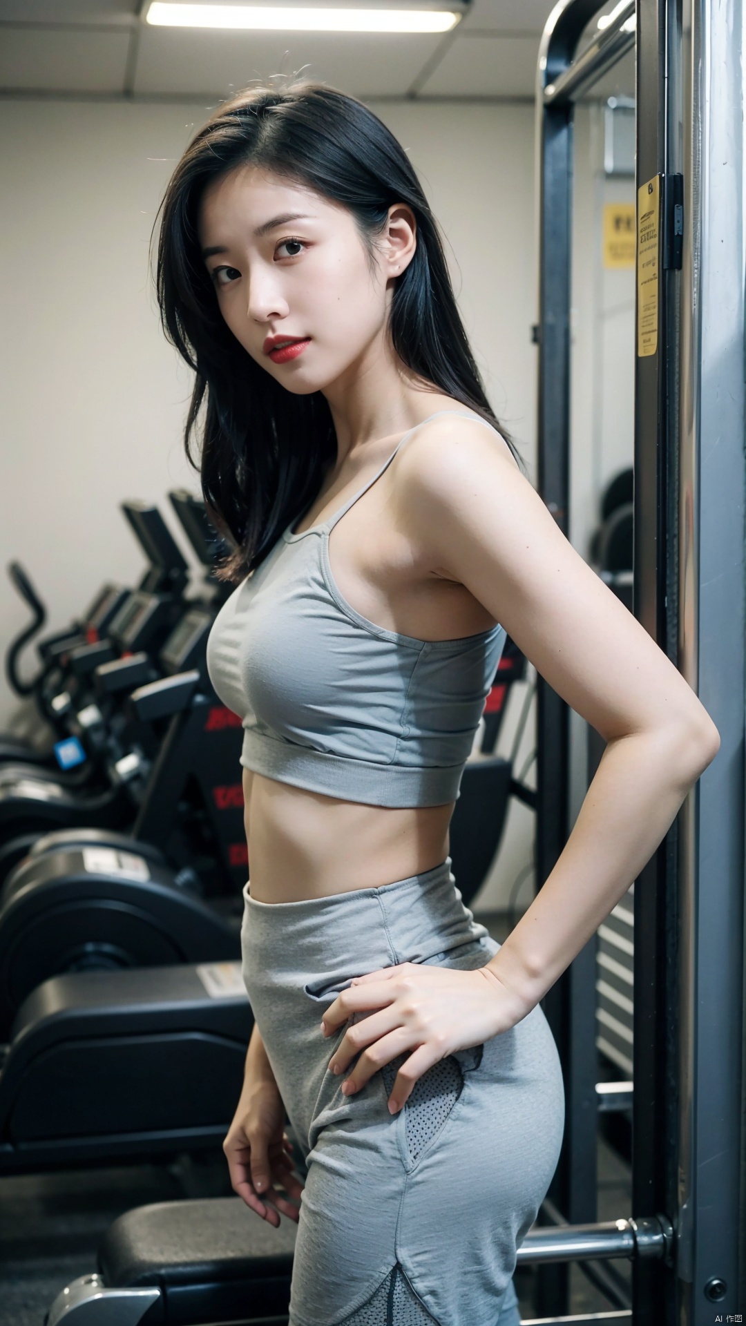 The image features a woman in a gym setting, taking a selfie with her phone. She is wearing a white tube top and blue yoga pants, and is positioned in front of a weight rack. The lighting in the image is natural and well-balanced, creating a flattering atmosphere. The colors are vibrant and vivid, with the woman's blue yoga pants standing out against the white top. The style of the image is casual and comfortable, reflecting the woman's active and healthy lifestyle.

The quality of the image is excellent, with sharp details and smooth transitions. The woman's outfit is well-composed, with the yoga pants accentuating her curves and the tube top providing a sleek look. The background is clutter-free, with only the weight rack and a bench in the frame, drawing attention to the main subject.

From the woman's posture and expression, it appears that she is confident and at ease in the gym. Her hand on her hip and the way she is holding her phone suggest that she is capturing a moment of pride or accomplishment. Overall, the woman exudes a positive and energetic vibe, making the image an inspiring representation of the gym culture.