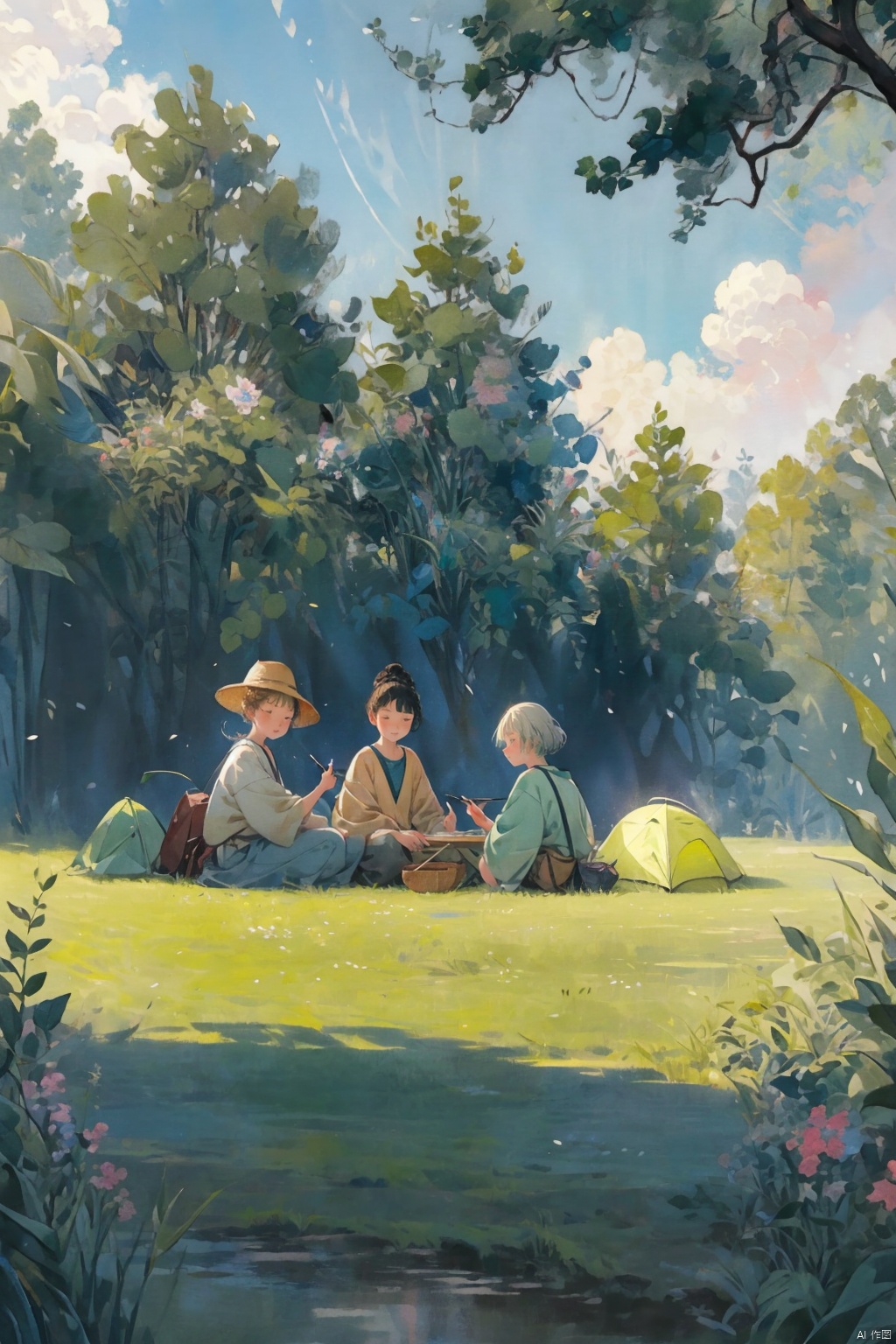  Spring party, grass, trees, and buddies camping on the spring grass, with bright blue and green colors, rich details, joy, natural harmony, and outdoor illustration style shooting. Wide angle lens, natural light, joy, liveliness, illustration style, bright colors, natural elements, joy, group smiles, and summer atmosphere., cozy anime, watercolor, cozy animation scenes, mxianv