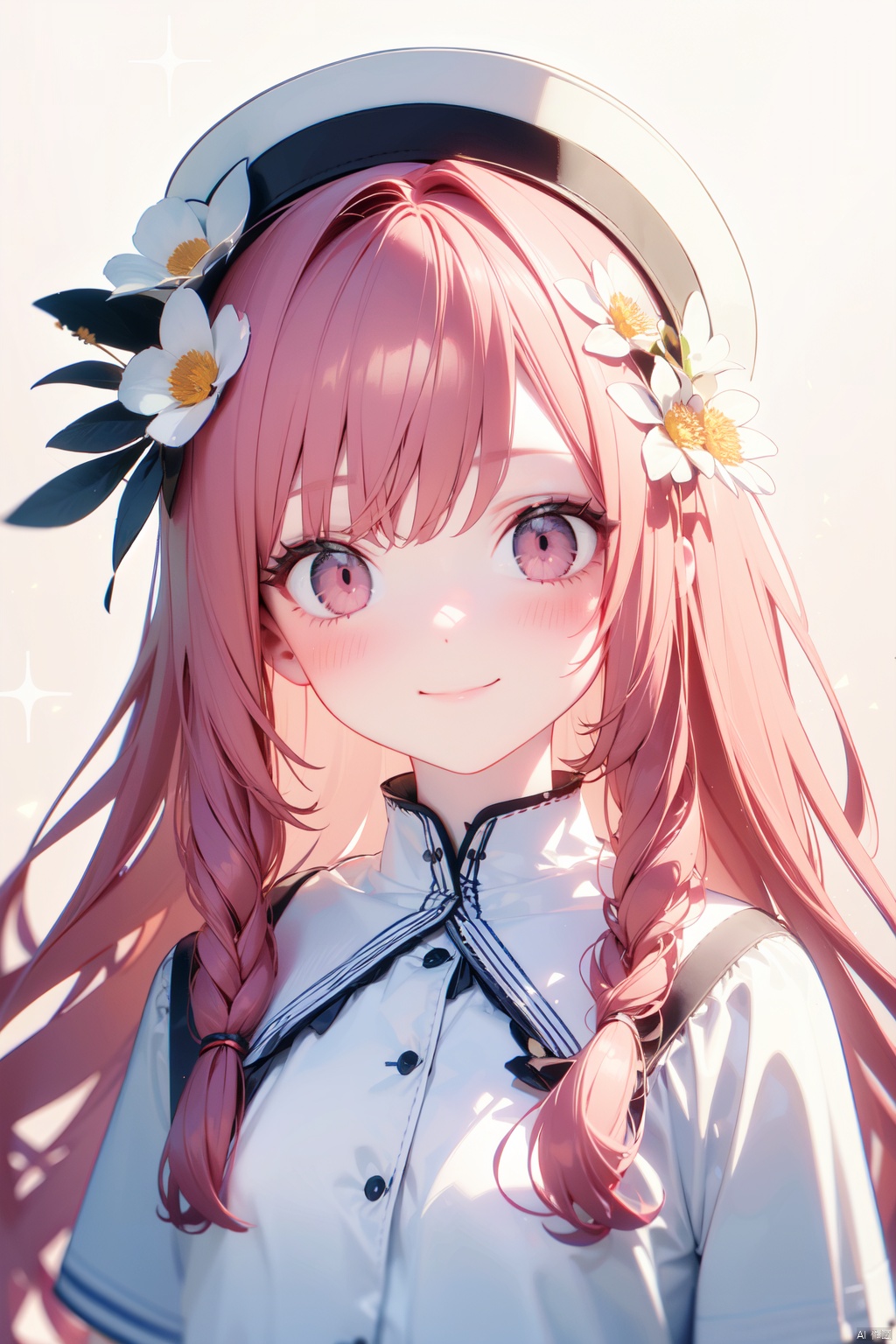  1girl, artist_name, bangs, closed_mouth, flower, gradient, gradient_background, hair_flower, hair_ornament, light_particles, long_hair, looking_at_viewer, pink_eyes, pink_hair, ribbon, sidelocks, smile, solo, upper_body, white_background, white_flower, white_headwear