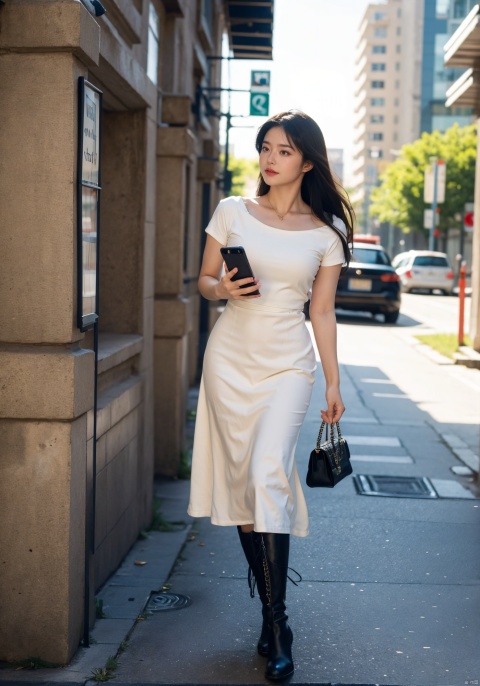 The image features a woman standing on the sidewalk, leaning against a wall. She is wearing a tan dress that fits her body like a glove, showcasing her curves. The dress is a tight-fitting midi dress, emphasizing her legs in black boots.
The woman carries a stylish bag, adding to her overall sophisticated appearance. She is holding a smartphone in her hand, possibly checking messages or browsing social media. Her posture and expression suggest a sense of confidence and elegance.
The background of the image is a building, with the woman standing out as the main focus. The light in the scene seems to be natural, casting a warm glow on the woman and her surroundings. Overall, the image captures the essence of a stylish and confident woman in modern urban setting., , close_up