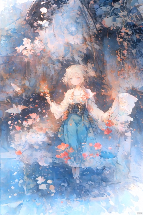  best quality, masterpiece, illustration, (reflection light), incredibly absurdres, (Movie Poster), (signature:1.3), (English text:1.3), 1girl, girl middle of flower, pure skyblue hair, red eyes, clear sky, outside, collarbone, loli, sitting, absurdly long hair, clear boundaries of the cloth, white dress, fantastic scenery, ground of flowers, thousand of flowers, colorful flowers, flowers around her, various flowers,