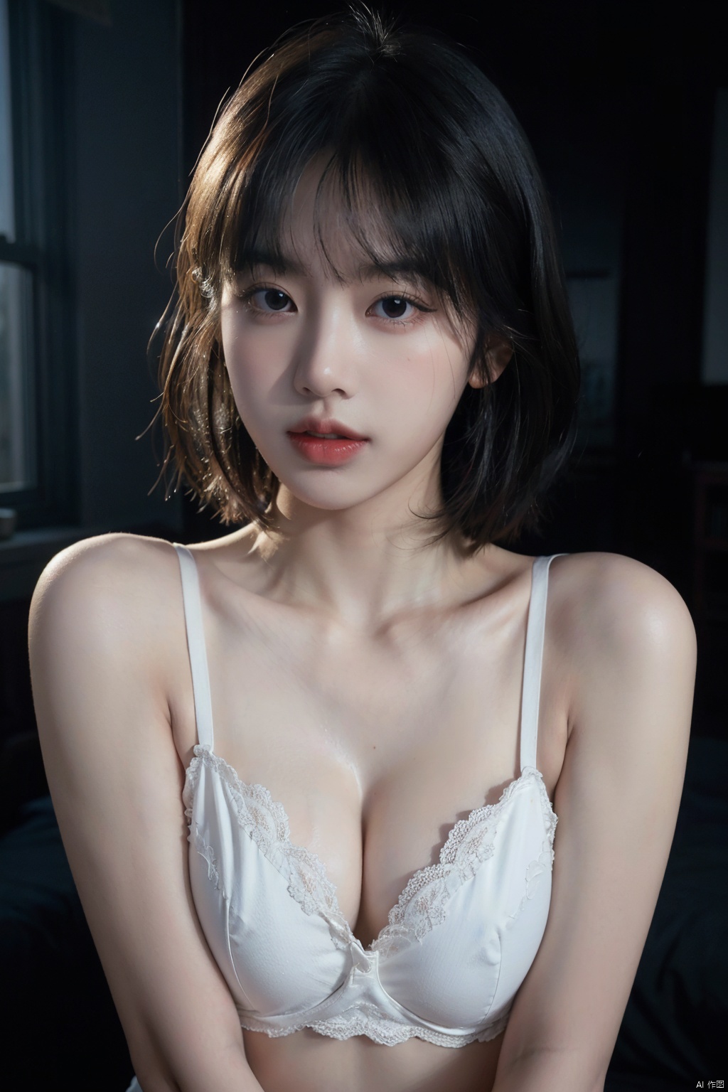  (RAW photo, best quality), (realistic, photo-realistic:1.2), 1girl,middle breasts,Cleavage,undergarments,Upper body, high quality, (high detailed skin:1.4), puffy eyes, gorgeous hair, (dark room:1.3), (rim lighting:1.3), (dimly lit:1.3), (dark night:1.3), indoors, portrait, black hair, dark background, short hair, 1girl,邱淑贞, sufei