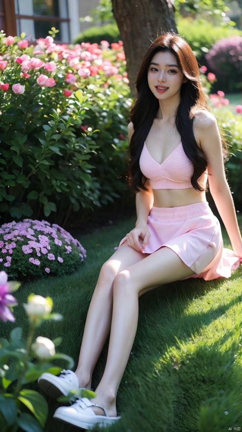 1girl breathtaking 8k, masterpiece, perfect beautiful chinese sexy girl, (pastel cotton candy pink), full body, vibrant, vivid, (short skirt), petticoat, (flowers), chiffon, sheer, light smile, bloom, bokeh, ((pearlescent)) . award-winning, professional, highly detailed Sitting with legs spread, revealing underwear on the grass, Among colorful flowers garden, mountains, and rivers