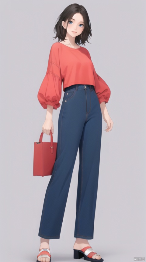  (best quality), ((masterpiece)), (highres), illustration, original, extremely detailed,ooo, 1girl, bag, solo, long hair, blonde hair, white background, jewelry, holding bag, shirt, pants, simple background, handbag, full body, smile, blue eyes, looking at viewer, blush, red shirt, earrings, standing, platform footwear, holding, high-waist pants, sandals, long sleeves