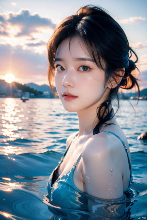  High quality, island travel, swimming, sea surface, partially clear, partially blurry, 8k
A girl 
Distant island, sunset, glow, wide-angle, autofocus, suitable for white balance, cool tone, from near to far,