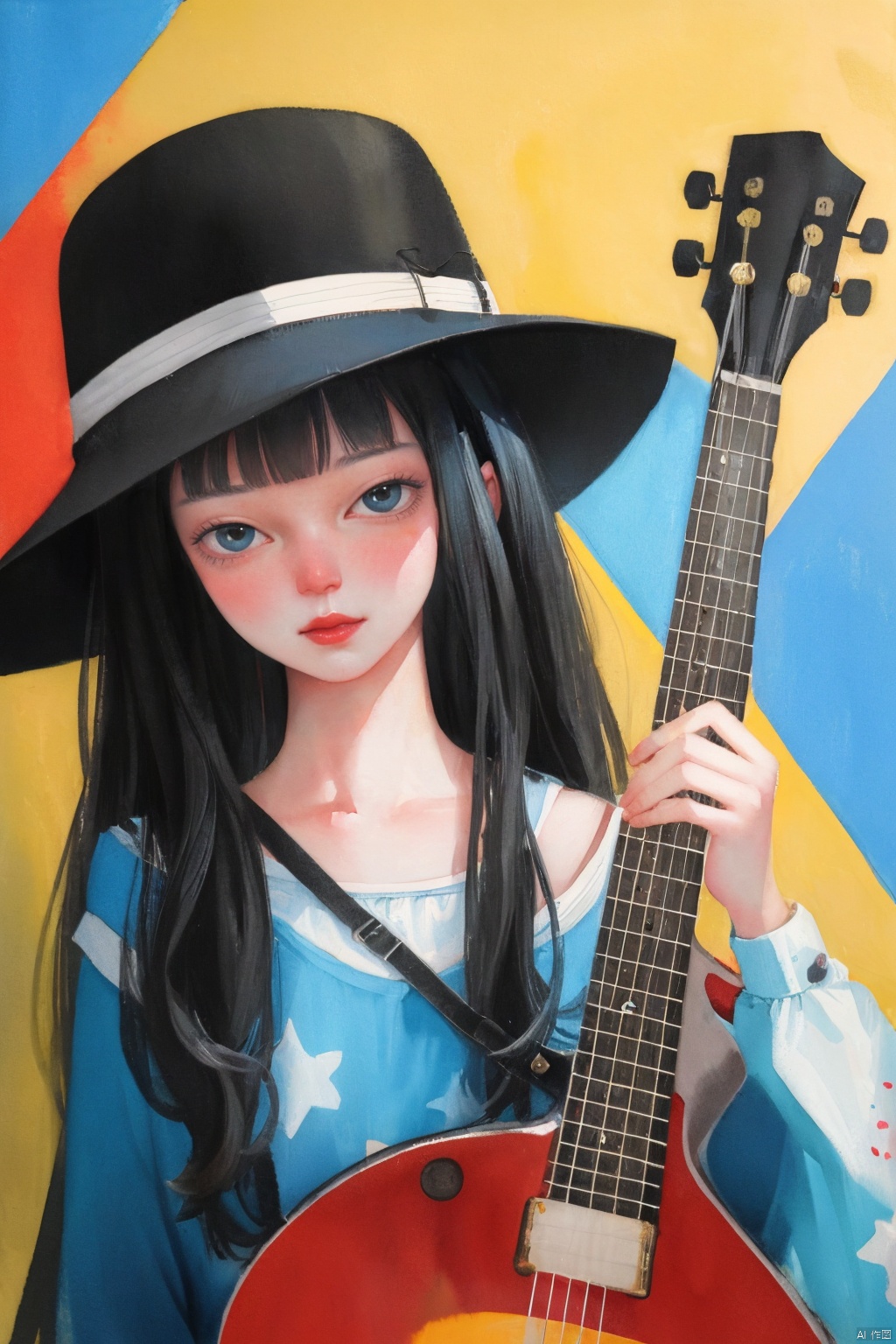  A person wearing a Memphis style outfit, with a large hat and holding a guitar, standing in front of a brightly colored geometric background. The face is relaxed and happy, surrounded by colorful balls of various colors. High resolution image, trending on ArtStation, trending on CGSociety, Intricate, High Detail, Sharp focus, dramatic, photorealistic painting art by midjourney and greg rutkowski.