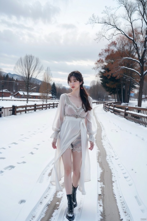  that reveals her smooth and long legs. The surrounding trees are covered with white snow, creating a peaceful and beautiful winter scene. HDR imagery, high resolution, sharp focus, dramatic, photorealistic painting art by Gregory Crewdson, Alphonse Mucha, Trending on DeviantArt, trending on ArtStation, Intricate, High Detail, Sharp focus, dramatic, photorealistic painting art by midjourney and greg rutkowski.

, 1girl