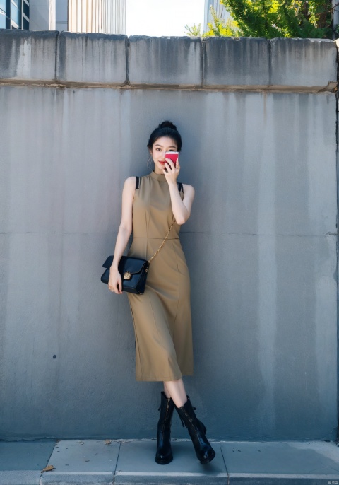  The image features a woman standing on the sidewalk, leaning against a wall. She is wearing a tan dress that fits her body like a glove, showcasing her curves. The dress is a tight-fitting midi dress, emphasizing her legs in black boots.
The woman carries a stylish bag, adding to her overall sophisticated appearance. She is holding a smartphone in her hand, possibly checking messages or browsing social media. Her posture and expression suggest a sense of confidence and elegance.
The background of the image is a building, with the woman standing out as the main focus. The light in the scene seems to be natural, casting a warm glow on the woman and her surroundings. Overall, the image captures the essence of a stylish and confident woman in modern urban setting., , close_up