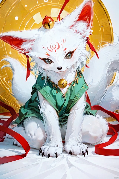  The image is an illustration depicting a white fox and a small boy. From a lighting perspective, the distribution of light iseven,with适度的明暗对比, allowing the outline of the white fox and the boy to be clearly seen. In terms of color, the overall color is dominated by white and brown, giving a warm and comfortable feeling. In terms of style, the painting employs the realistic painting technique, making every detail of the image come alive.

In terms of quality, the lines are delicate, thecolorsare饱满, and the details are handled with care,indicatingthe画家's high level of skill. The portrayal of the boy in the picture is particularly well done, with the boy dressed in yellow shorts and a green vest, holding a yellow string that is tied to a red bell, making the scene more lively and interesting.

From a style perspective, the style of the picture leans towards fairy tale and fantasy, giving a mysterious and dreamlike feeling. The white fox's eyes seem to be looking at the boy, giving a warm and friendly feeling, while the boy's eyes are filled with curiosity and anticipation, giving alivelyand开朗的感觉.

Overall, the picture's lighting, color, style, quality, and portrayal of characters, objects, clothing, actions, expressions, and psychological states are all handled well, making it an excellent illustration.