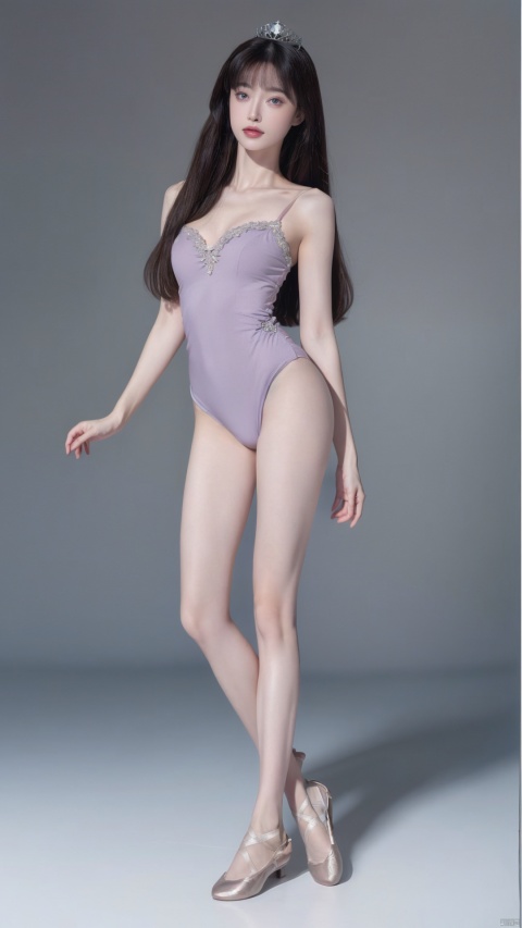  1girl, tutu, ballerina, solo, breasts, ballet slippers, brown hair, ballet, crown, athletic leotard, looking at viewer, leotard, bare shoulders, collarbone, full body, arched back, see-through, cleavage, mini crown, bangs, small breasts, dress, hair ornament, one side up, blue eyes, simple background, purple eyes, long hair,moyou
