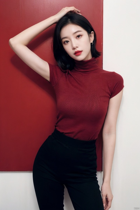  A beautiful young Asian woman poses confidently in front of a red wall. The lighting is soft and warm, casting a gentle glow on her clothes and face. The image is in shades of red and white, with the woman's clothes and the wall providing a harmonious color palette. The woman's outfit is minimalist and elegant, with a white turtle neck top and black pants. The background is slightly blurred, adding depth to the scene. The woman's pose, with one hand on her shoulder and the other stretching behind her, conveys a sense of confidence and grace. The image is of excellent quality, with sharp details and smooth transitions between colors. The woman's outfit and the wall are in focus, while the background is slightly blurred, adding depth to the scene.