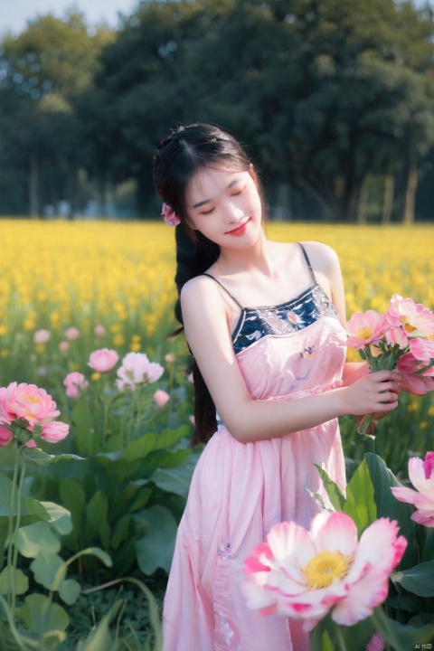  Upon examining the image, I would describe it as a beautiful watercolor painting that captures a serene and idyllic scene. The young girl in the yellow dress stands out against the backdrop of a field of bright pink flowers, creating a striking contrast of colors. The light in the painting is soft and diffused, creating a sense of warmth and tranquility. The colors used in the painting are vibrant and bold, making the image feel lively and dynamic. The style of the painting is whimsical and dreamy, evoking a sense of wonder and imagination. The quality of the painting is excellent, with meticulous attention to detail in the girl's dress, the flowers, and the overall composition of the scene. The emotions conveyed in the painting are peaceful and joyful, as if the girl is enjoying a moment of pure happiness in the midst of nature. Overall, this is a beautiful and captivating painting that captures the essence of innocence, beauty, and joy., 1girl,moyou