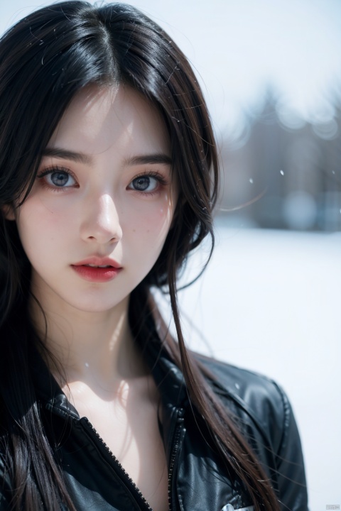  Anime style,a cartoon woman,very beautiful,very pretty,20yo,skinny,detailed blue eyes,dark red lips,wind,Ice and Snow World,upper body shot,Resident Evil 7 Biohazard VR Experience