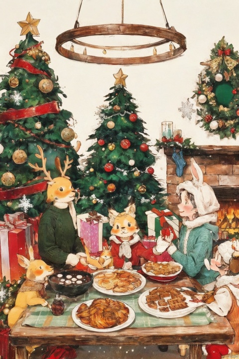 Certainly! Upon examining the image, I can confidently say that it is a beautifully crafted illustration depicting a group of animals, including a dog, a rabbit, and a deer, gathered around a table to celebrate Christmas. The scene is filled with festive elements such as a Christmas tree, a gingerbread house, and a roasted turkey.
The lighting in the image is soft and warm, casting a cozy glow over the scene. The colors are vibrant and festive, with rich greens and reds dominating the composition. The style of the illustration is whimsical and playful, with the animals dressed in cute sweaters and hats.
The quality of the illustration is exceptional, with intricate details in every element. The characters are well-drawn and expressive, each with their own unique personality. The table is full of Christmas treats and decorations, such as a stack of presents, a bottle of wine, and a cup of hot chocolate.
In terms of the characters' attire, the dog is dressed in a red sweater with a white collar, the rabbit is wearing a green sweater with a red bow, and the deer is wearing a Santa hat. The animals' expressions are joyful and excited, reflecting their enthusiasm for the holiday.
The table is set with a roasted turkey, a bottle of wine, and a cup of hot chocolate. The gingerbread house is a centerpiece on the table, and the animals are busy decorating it with candy canes and other candies. The scene is full of holiday cheer and a sense of togetherness.
Overall, this illustration is a beautiful representation of the joy and warmth of Christmas. The attention to detail and the whimsical style make it a delightful and festive piece of art.