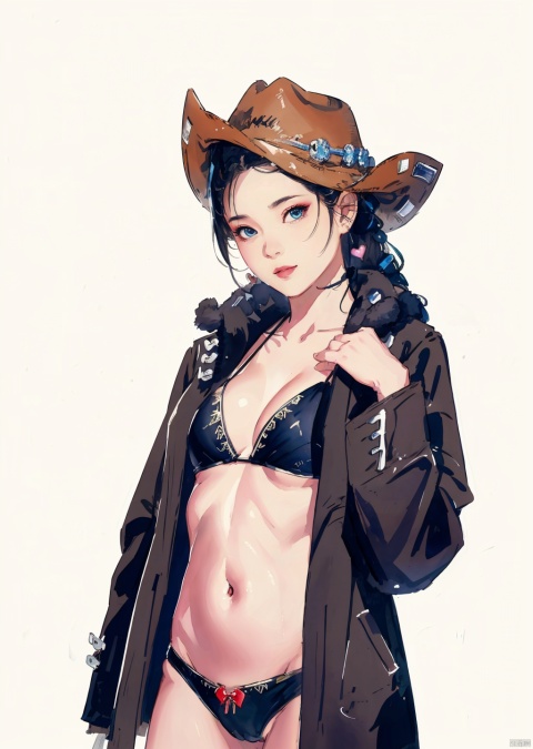  masterpiece,best quality,absurdres,highres,4k,ray tracing,perfect face,perfect eyes,intricate details,highly detailed, looking at viewer,sexy pose,(cowboy shot:1.2), , black bikini,heart, coat, Light master, watercolor