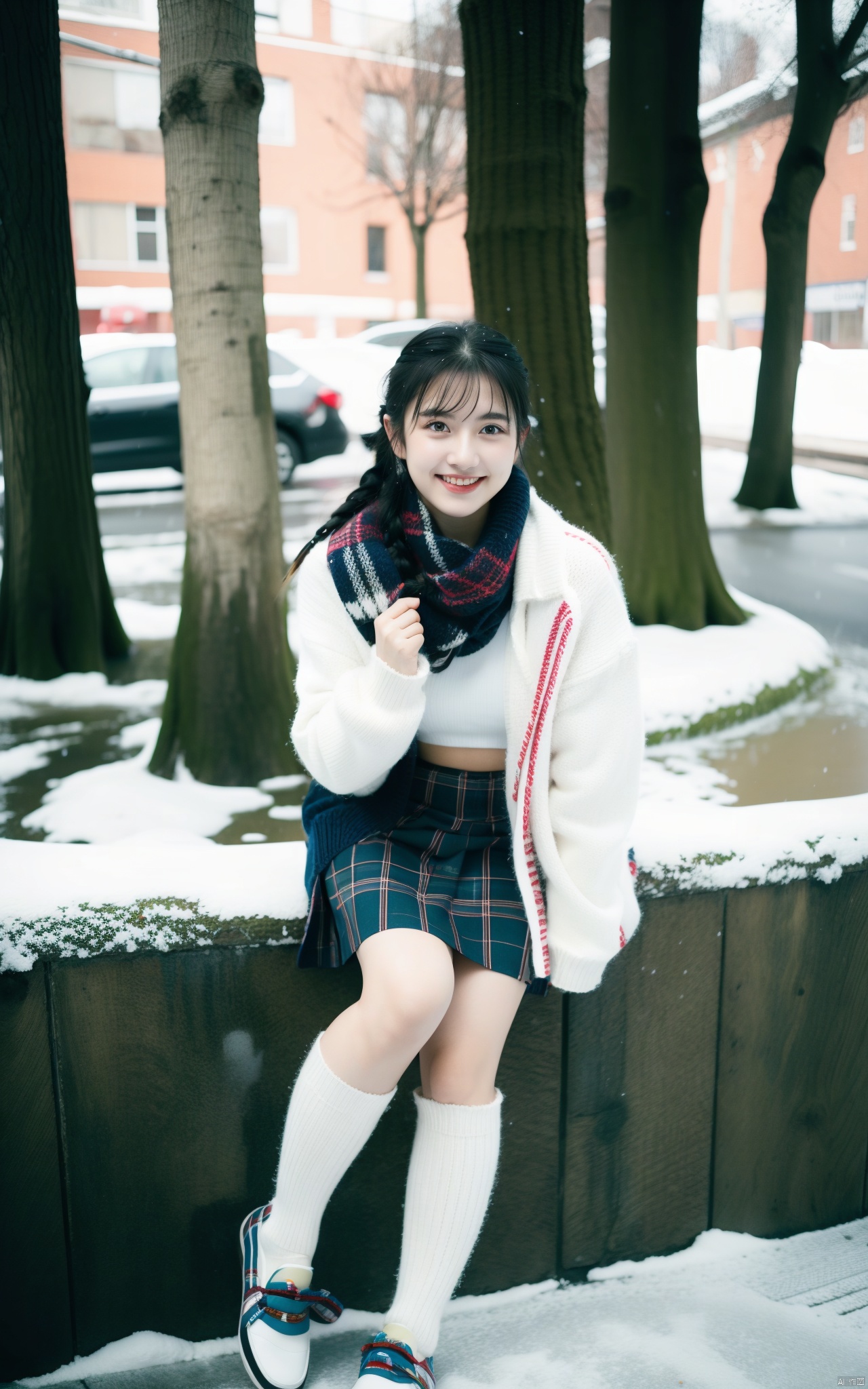 1girl, solo, long hair, looking at viewer, blush, smile, bangs, blue eyes, skirt, shirt, long sleeves, holding, hair between eyes, sitting, very long hair, jacket, full body, white shirt, braid, pleated skirt, outdoors, open clothes, shoes, day, socks, scarf, grin, sweater, open jacket, tree, blue skirt, plaid, kneehighs, plaid skirt, wariza, brown footwear, stuffed toy, white jacket, cardigan, stuffed animal, black socks, loafers, snow, red scarf, snowing, winter, fringe trim, plaid scarf
