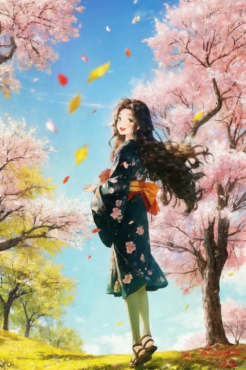  1girl, aerith_gainsborough, brown_hair, cherry_blossoms, confetti, falling_petals, floral_print, flower, green_eyes, hair_flower, hair_ornament, interlocked_fingers, japanese_clothes, jewelry, kimono, long_hair, looking_at_viewer, open_mouth, own_hands_together, petals, pink_dress, rose_petals, sandals, smile, solo, very_long_hair, backlight, colors, white pantyhose
, 1 girl, Light-electric style, autumn yellow leaves