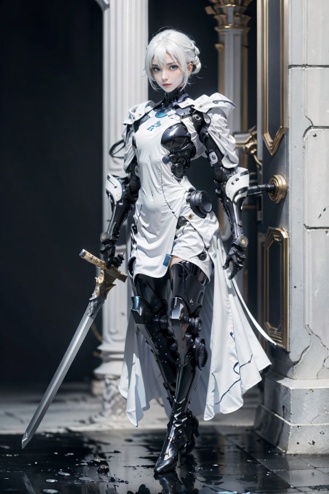 The image depicts a robot girl with white hair and blue eyes, dressed in a white dress and black boots. She is standing in a blue splash and carrying a sword on her right and a gun on her left., baimecha