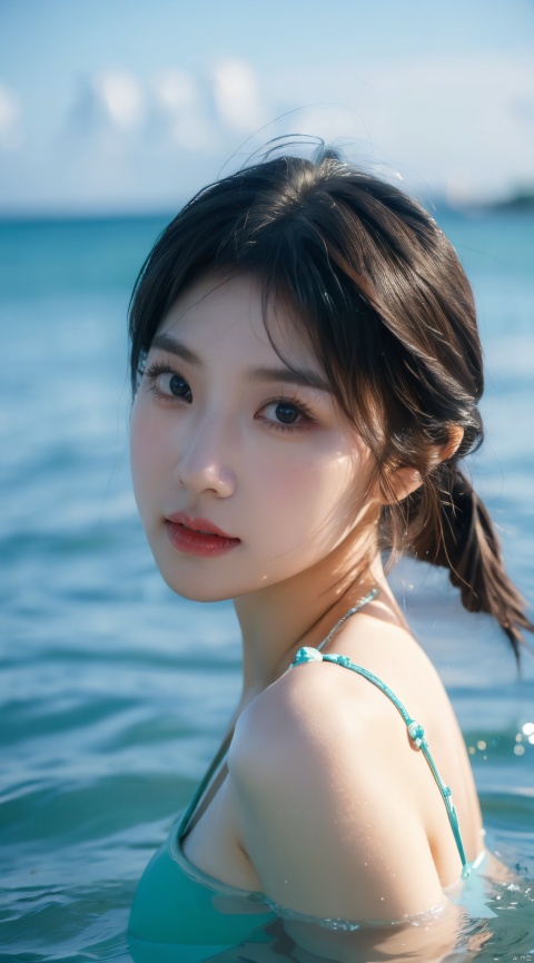  best quality, masterpiece,little girl,12 years old,beautiful detailed eyes,aqua eyes,solo,bunches,bangs,cute face,swimsuit,Playing in the water by the beach,realistic,8k, xiqing, 1 girl, close_up