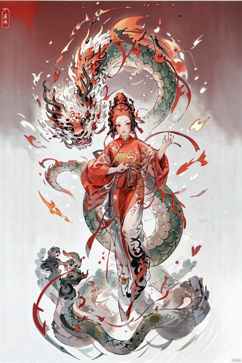  1girl,dragon,kp,red background,chinese clothes,chinese new year,red theme,full body,