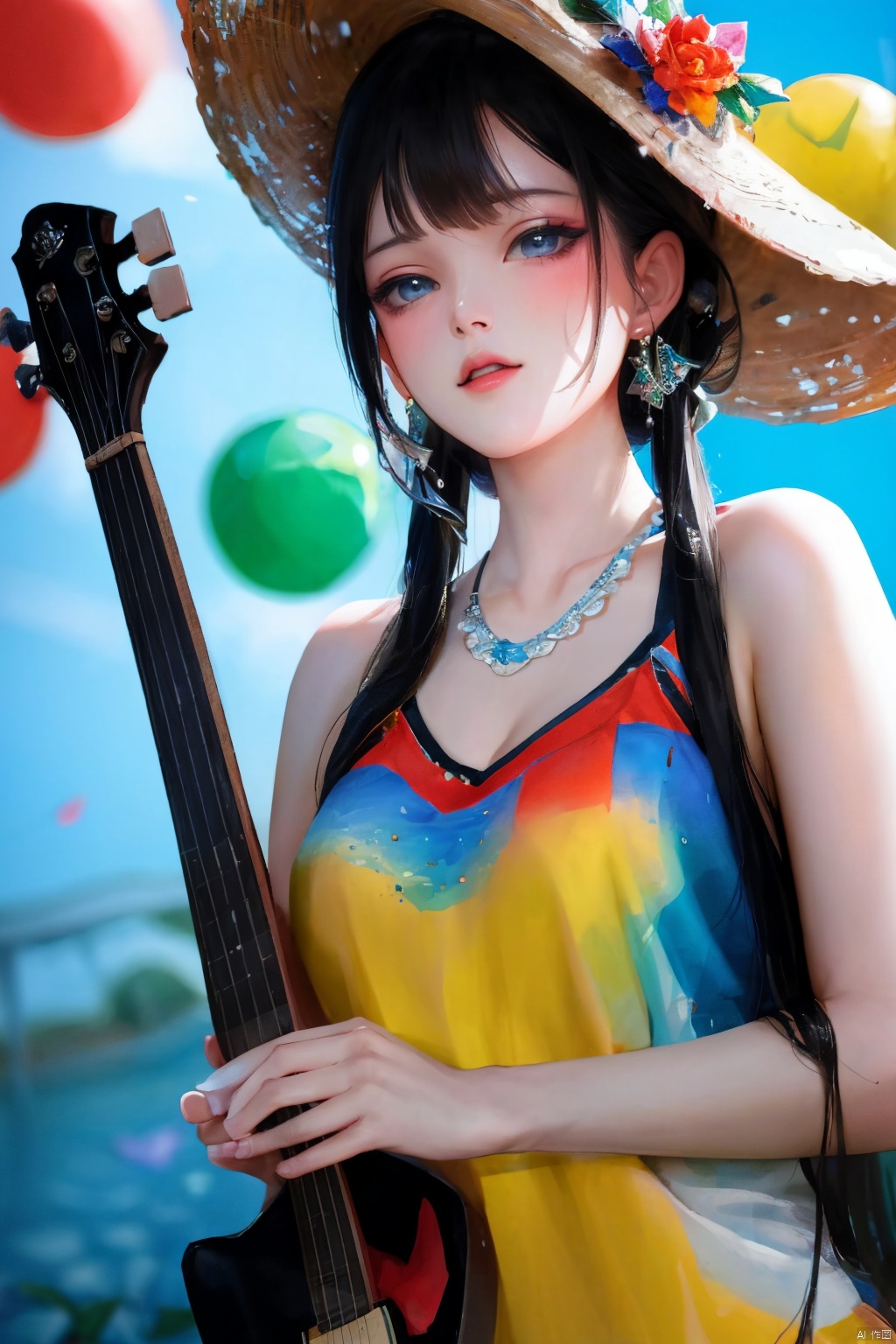  A person wearing a Memphis style outfit, with a large hat and holding a guitar, standing in front of a brightly colored geometric background. The face is relaxed and happy, surrounded by colorful balls of various colors. High resolution image, trending on ArtStation, trending on CGSociety, Intricate, High Detail, Sharp focus, dramatic, photorealistic painting art by midjourney and greg rutkowski.