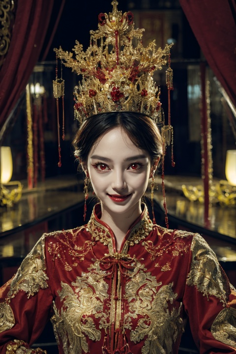 best quality, hyper realism, (ultra high resolution), masterpiece, 8K, RAW Photo,1girl,(bloody red eyes:1.5),evil smile,walk in the empty old temple,outdoor,(beautiful evil face:1.5),bloody red and gold dress,hanfu,gold tiara, crown,see through,horror background,perfect hand,no extra fingers,dynamic angle,red and gold dress,bloody red water,yushui