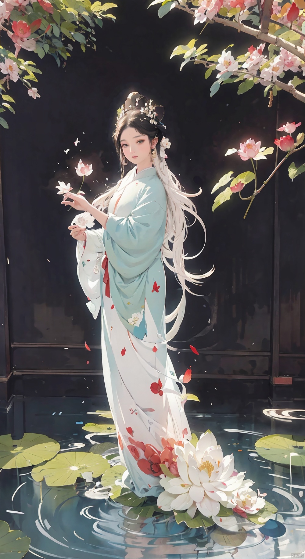 The image features a deity in traditional Chinese attire, standing on a lotus flower amidst a garden of various plants. The deity is depicted in a classic Chinese style, with attention to detail and quality evident in the image. The use of light and shadow, as well as the choice of colors, create a sense of depth and dimension, making the deity and her surroundings appear even more realistic. The image is a beautiful and intricate portrayal of a Chinese deity, showcasing the photographer's skill and expertise in capturing such stunning moments.