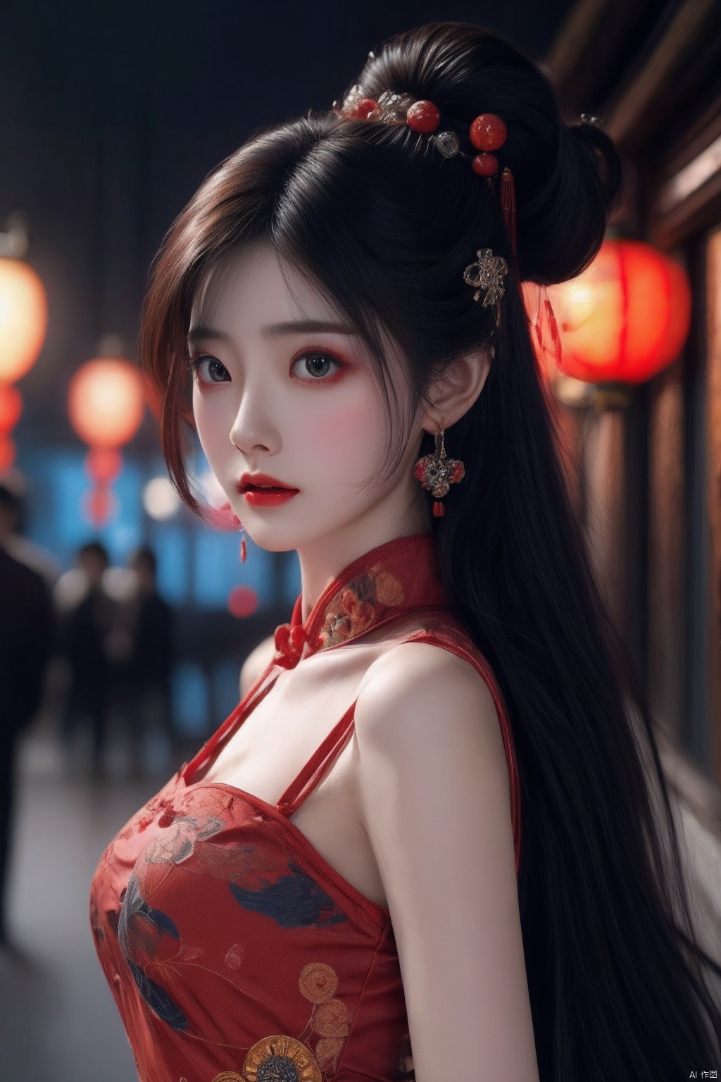  (masterpiece:1.4, best quality),(intricate details),unity 8k wallpaper,frightened,horror,evil spirits,sinophobia,ultra detailed,cooltone,night,1girl,solo,,,CNoperaCostume,,dark theme,sytx,yinjian,red lantern,chinese zombie,death,calamity,dise,the pale face,expressionless,blank stare,large breasts,upper body,, masterpiece, best quality, chinese_opera_jing, xifu