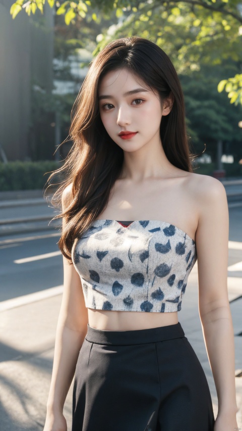  masterpiece,8K,best quality,1girl,smile,navel,long hair,breasts,solo,looking at viewer,midriff,realistic,blurry background,blurry,medium breasts,tank top,pencil_skirt,teeth,crop top,brown eyes,red lips,black hair,long hair,massive hair,light behind hair,hair in front,her hair rested on her shoulders,sun behind,slim hip,float hair,floating hair,flying hair,hair blown by the wind,white clouds behind,the broken hair in the front,messy shaggy hair,dust blown by the wind,mist in front,best quality,ultra high res,ice magic,light particles,sparkle,backlighting,loli,little girl,(child:0.5),13yo,rubber mesh clothes,(black and vibrant ruby red color),art by agnes cecile and agostino arrivabene and alberto dros,drawing,freeform,swirling patterns,doodle art style,little girl,black miniskirt,Leather clothes,Strapless, chineseclothes, blue shirt
