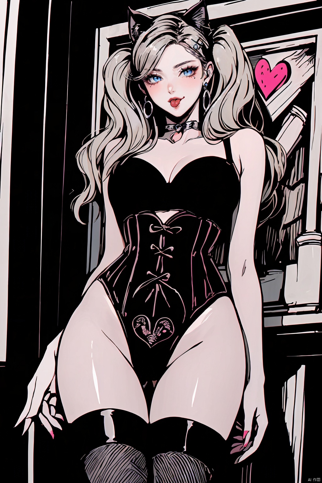  8k, masterpiece, best quality, highly detailed, 1 girl, solo, corset, no pants, thong panties, fishnets, {(high contrast), (highsaturation), red black theme, (red black white tone)}, {(woodcut:1.4), flat color, doodle}.
blonde hair,blue eyes, crimson lips,alluring makeup,earrings, a nevus near right eye, 
ogling at viewer, blushing, {(Flirting naughty face, blonde hair,blue eyes, crimson lips,alluring makeup, earrings,
ogling at viewer, blushing, {(Flirting naughty face, (wink:1.5),(cat ears, tongue out, detailed tongue:1.4)), (sexual suggestion expression, messy bangs, (blushing with desire:1.3), flirtatious glance(eyes brimming with allure:1.2))},
long hair,{twintails,(low twintail)},hair ornament, hairclip, punk, smooth lines, (one hand flipped back hair), sexy body, {(large breasts, slim waist, outward-curving hips:1.2),(plump thighs, slim calves)}, ((noticeable thigh_gap:1.1), cameltoe), attractive cleavage, {black thigh-high stockings,(digging into thigh flesh)}, feet wearing high heels or in stockings.
(cowboy shot:1.7), {(from below),(Wariza)}, Shifengji, flat, many Heart-shaped bubbles ＆ many ❤❤❤, anime
