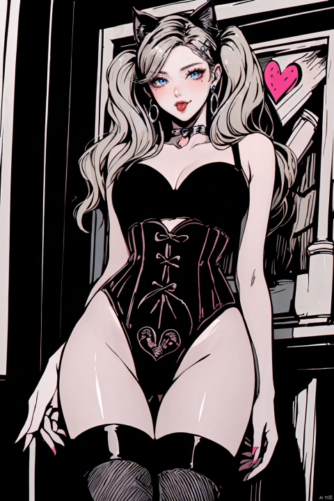  8k, masterpiece, best quality, highly detailed, 1 girl, solo, corset, no pants, thong panties, fishnets, {(high contrast), (highsaturation), red black theme, (red black white tone)}, {(woodcut:1.4), flat color, doodle}.
blonde hair,blue eyes, crimson lips,alluring makeup,earrings, a nevus near right eye, 
ogling at viewer, blushing, {(Flirting naughty face, blonde hair,blue eyes, crimson lips,alluring makeup, earrings,
ogling at viewer, blushing, {(Flirting naughty face, (wink:1.5),(cat ears, tongue out, detailed tongue:1.4)), (sexual suggestion expression, messy bangs, (blushing with desire:1.3), flirtatious glance(eyes brimming with allure:1.2))},
long hair,{twintails,(low twintail)},hair ornament, hairclip, punk, smooth lines, (one hand flipped back hair), sexy body, {(large breasts, slim waist, outward-curving hips:1.2),(plump thighs, slim calves)}, ((noticeable thigh_gap:1.1), cameltoe), attractive cleavage, {black thigh-high stockings,(digging into thigh flesh)}, feet wearing high heels or in stockings.
(cowboy shot:1.7), {(from below),(Wariza)}, Shifengji, flat, many Heart-shaped bubbles ＆ many ❤❤❤, anime