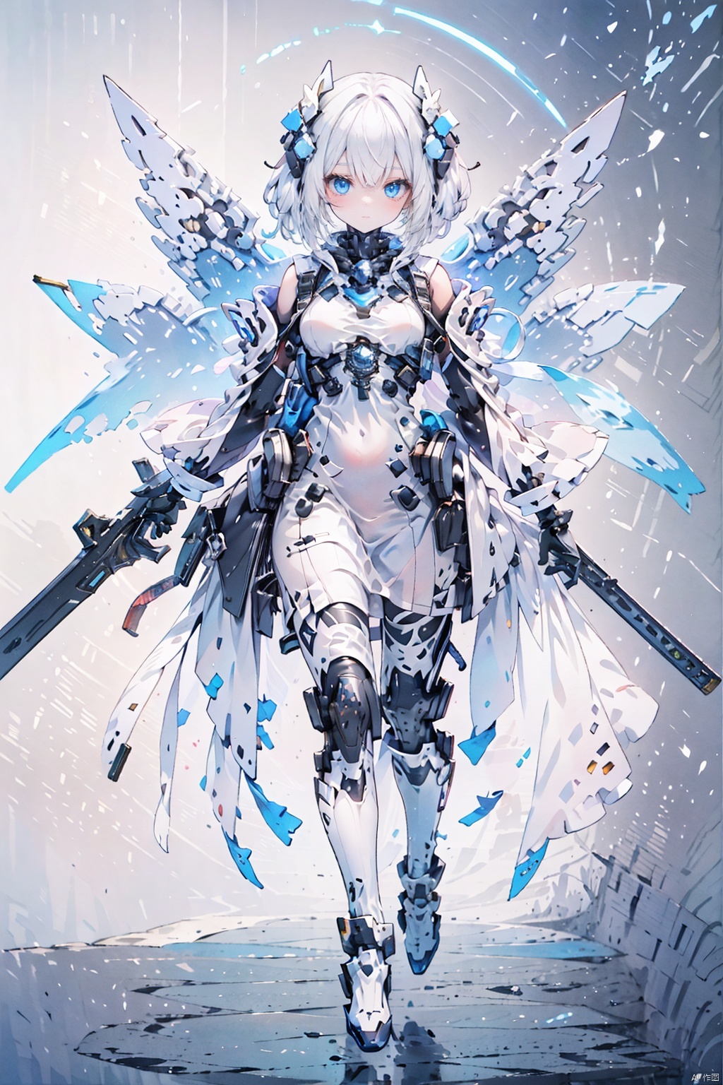  The image depicts a robot girl with white hair and blue eyes, dressed in a white dress and black boots. she has two mecha white wings with a giant fan on each wing. She is standing in a blue splash and carrying a sword on her right and a gun on her left., baimecha, machinery