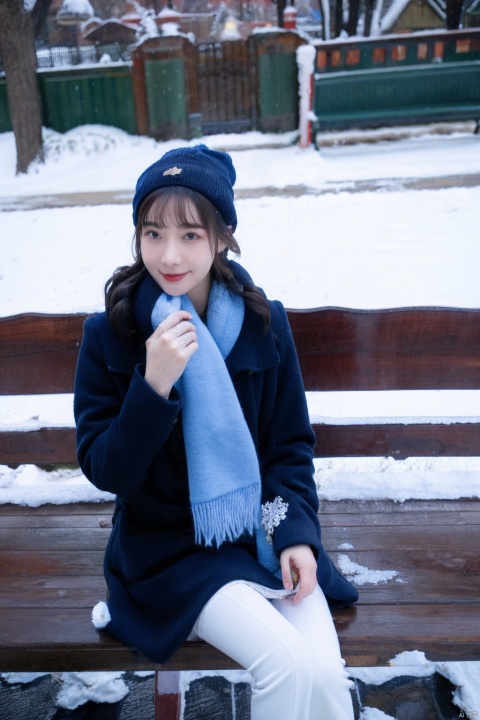  1girl, winter coat, fur-trimmed hood, knitted scarf, mittens, knee-high boots, snow-covered park bench, long curly hair, rosy cheeks, warm smile, hot cocoa in hand, snowflakes falling gently, blue pea coat, woolen beanie, steam from breath, picturesque snowy landscape, ((poakl)),(8k, RAW Photo, Best Quality, Masterpiece: 1.2), (Photorealistic, Photorealistic).