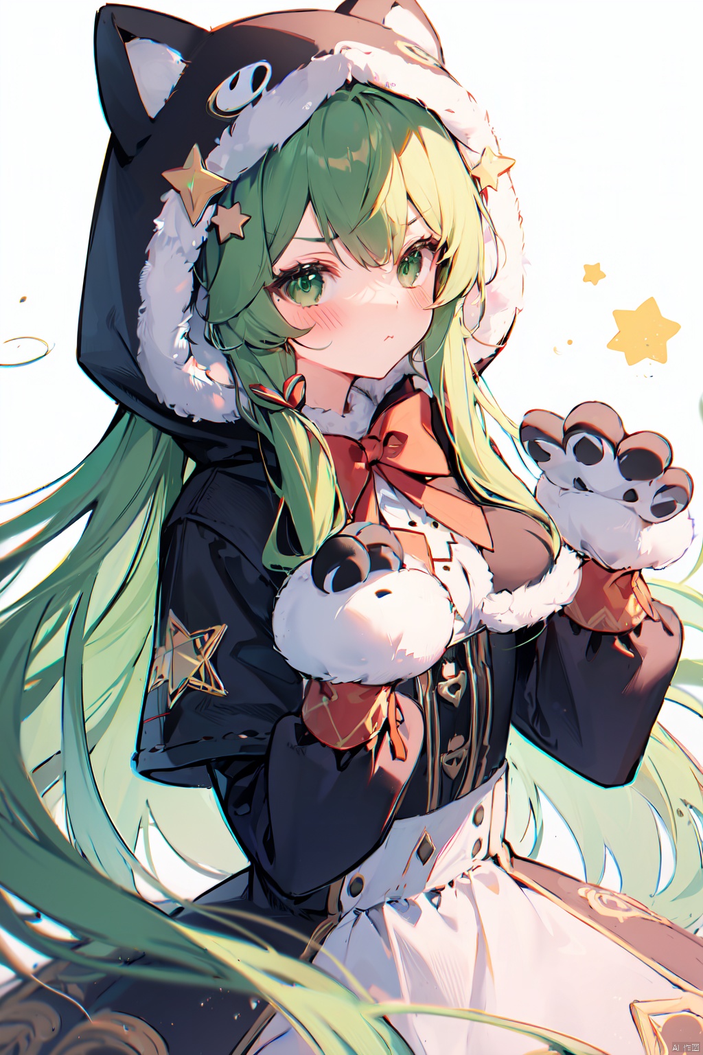  (best quality), (masterpiece),1girl, anger vein, green hair, :t, solo, gloves, closed mouth, blush, holding, green eyes, long hair, long sleeves, pout, bangs, looking at viewer, hood, white gloves, bow, star \(symbol\), very long hair, fur trim, dress, fur-trimmed hood, red bow, v-shaped eyebrows, animal hands, animal hood
