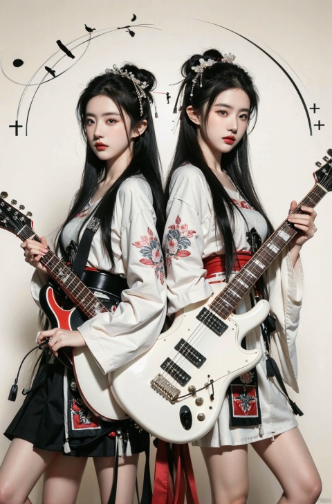  two girls, electric guitar of Rune text motif, electric guitar of Gaelic text motif