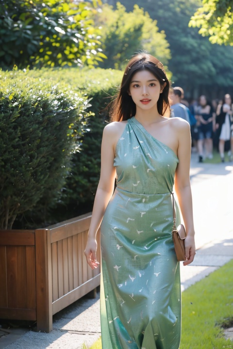  The image features a confident young woman standing outdoors on a green carpet. She is wearing a white dress with a green alligator print and carries a brown shoulder bag. Her posture and facial expression convey a sense of determination. The lighting is soft and flattering, casting a warm glow on her skin. The color palette is predominantly green and brown, with a dynamic contrast between the two. The woman's outfit, pose, and facial expression all work together to create a powerful and memorable image,large breasts, 1 girl