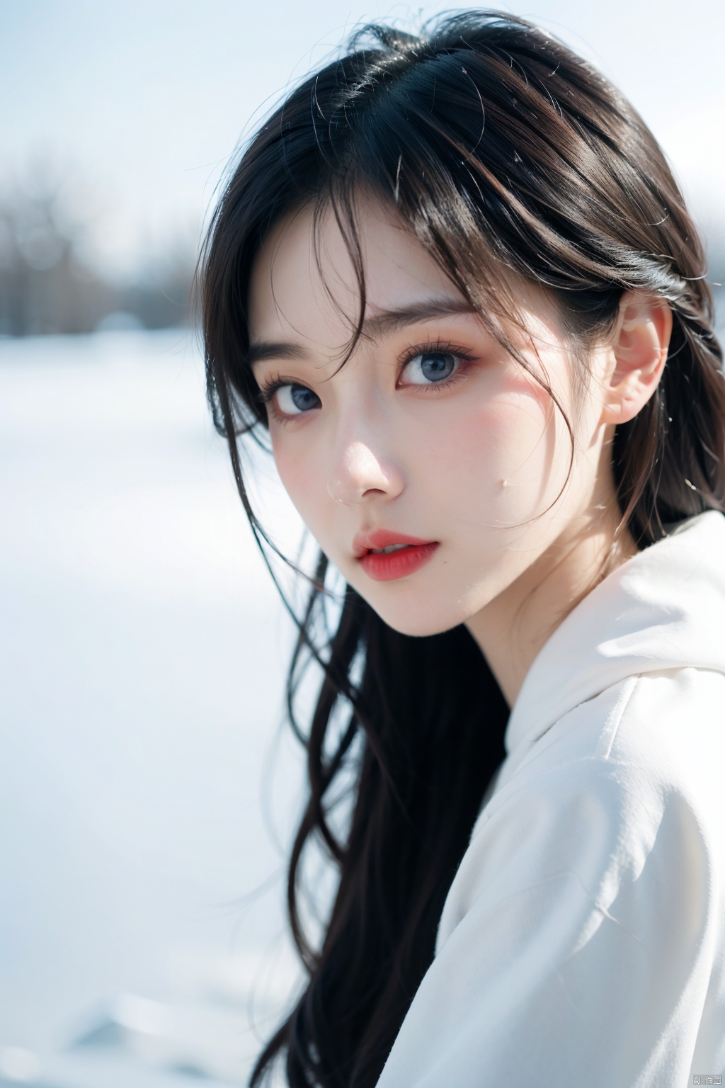  a woman,very beautiful,very pretty,20yo,skinny,detailed blue eyes,dark red lips,wind,Ice and Snow World,upper body shot,:)