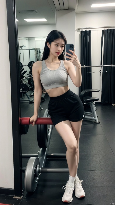  The image is a well-composed selfie taken by a gym-goer in front of a mirror. The lighting is soft and flattering, creating a warm and inviting atmosphere. The colors are vibrant, with the gym-goer's blue outfit standing out against the backdrop of the gym equipment. The style of the image captures the essence of fitness and self-care, with the gym-goer's outfit and pose exuding confidence and determination. The quality of the image is excellent, with sharp details and smooth transitions between the different elements in the scene. The technical aspects of the image are well-executed, with the mirror reflecting the gym equipment in the background, adding depth and interest to the scene. The gym-goer's outfit is well-chosen, with the blue top and cycling shorts complementing each other and creating a visually pleasing effect. Overall, this image is a testament to the photographer's skill and talent, with every element working together to create a beautiful and engaging picture.