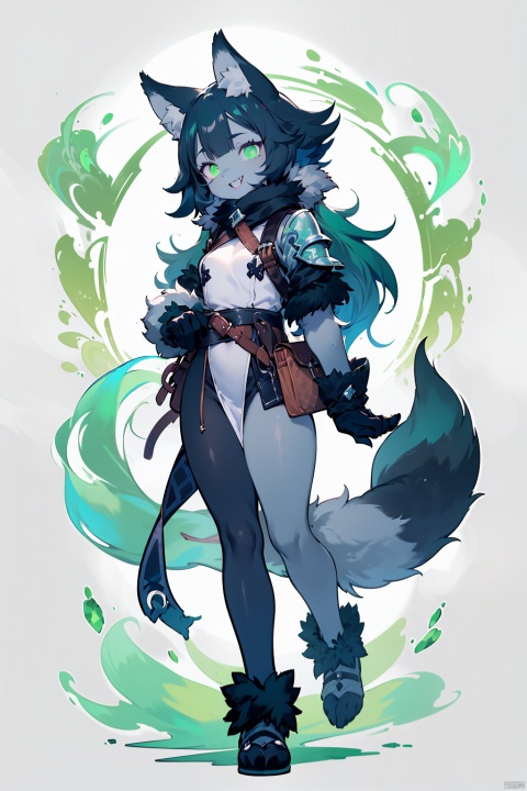  1girl, furry, rogue, full body,(wolf girl,green eye,black hair), leather armor, black fur at all, wolf face, FurryCore,1tail,grinning, sharp fangs,human hands,Gynomorph, f4nt4nsy style