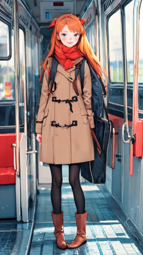  1girl, long hair, blue eyes, black hair, pantyhose, boots, multiple boys, bag, scarf, orange hair, coat, backpack, winter clothes, train interior, souryuu asuka langley, ikari shinji,moyou