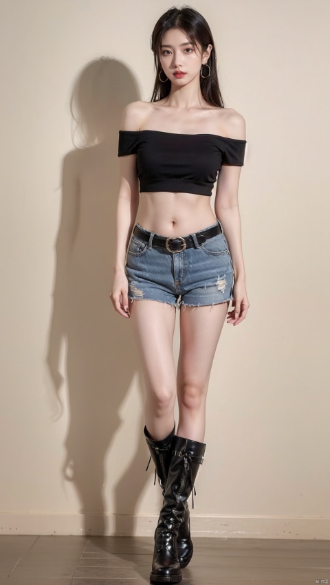  1girl, solo, navel, midriff, belt, pants, boots, looking at viewer, full body, jewelry, standing, earrings, multicolored hair, off shoulder, black hair, nail polish, crop top, black footwear, fishnets, bare shoulders, shorts,sit