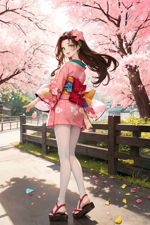  1girl, aerith_gainsborough, brown_hair, cherry_blossoms, confetti, falling_petals, floral_print, flower, green_eyes, hair_flower, hair_ornament, interlocked_fingers, japanese_clothes, jewelry, kimono, long_hair, looking_at_viewer, open_mouth, own_hands_together, petals, pink_dress, rose_petals, sandals, smile, solo, very_long_hair, backlight, colors, white pantyhose
, 1 girl, Light-electric style, autumn yellow leaves, childpaiting