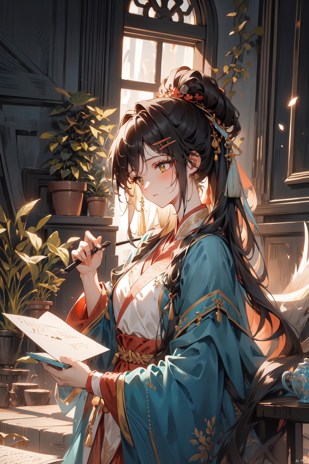  An ancient girl wrote a letter with a wolf howling brush, aged 20, with black hair, hairpins, delicate face, beautiful, bright, 8k, complex details, high-definition, classical style, warm tones, soft light and shadow, elegant movements, mysterious emotions, and a background of green plants and roads., Female, desk, high-definition, soft light and shadow, classical style, beautiful, mysterious, warm color tones., zanhua