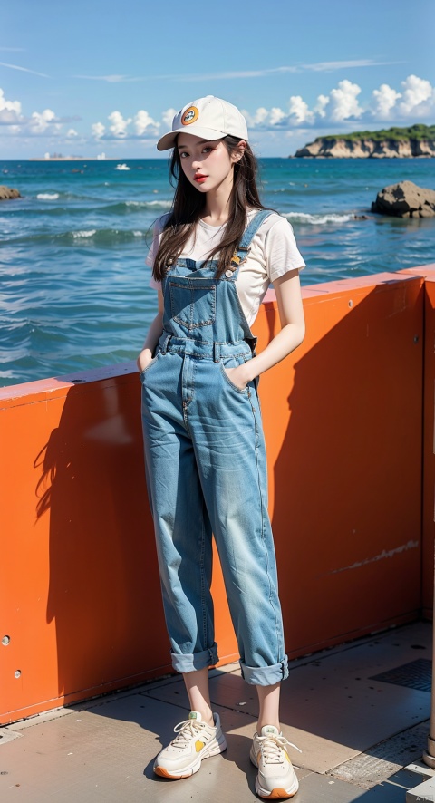  best quality, masterpiece, (photorealistic:1.2). 35mm photograph, professional, 4k, highly detailedhezi, (photostudio:1.2),(Studio shoot:1.3)overalls/,jumpsuit allieb, in the style of light beige and orange, environmental activism, hallyu, coastal scenery, womancore, thick paint, bold outline,overalls, realistic, hat, brown hair, sneakers, baseball cap, hands in pockets, shoes, white background,precise detailing, vibrant color blocks, washed-out, hallyu, iconi, 1girl, hezi, jujingyi