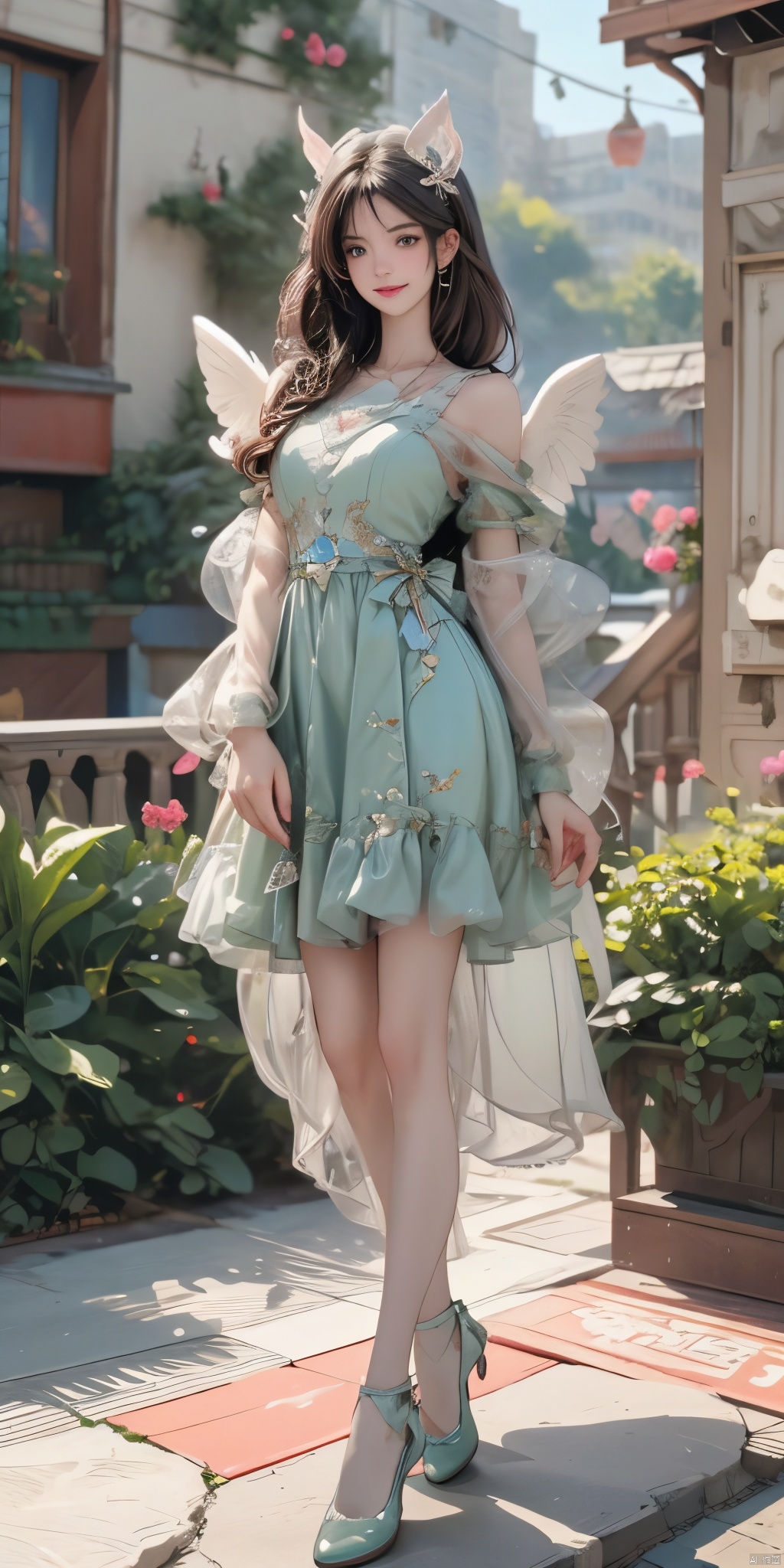  A sexy mecha , half-body portrait, charming eyes, sweet smile, forming a beautiful picture, high quality picture, full HD picture, 8K resolution, photorealistic, intricate details, sharp focus, vibrant colors, trending on ArtStation, trending on, popular on DeviantArt, concept art, artwork, lvshui-green dress, 1 girl, mechangel