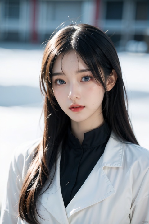  Anime style,a cartoon woman,very beautiful,very pretty,20yo,skinny,detailed blue eyes,dark red lips,wind,Ice and Snow World,upper body shot,Resident Evil 7 Biohazard VR Experience